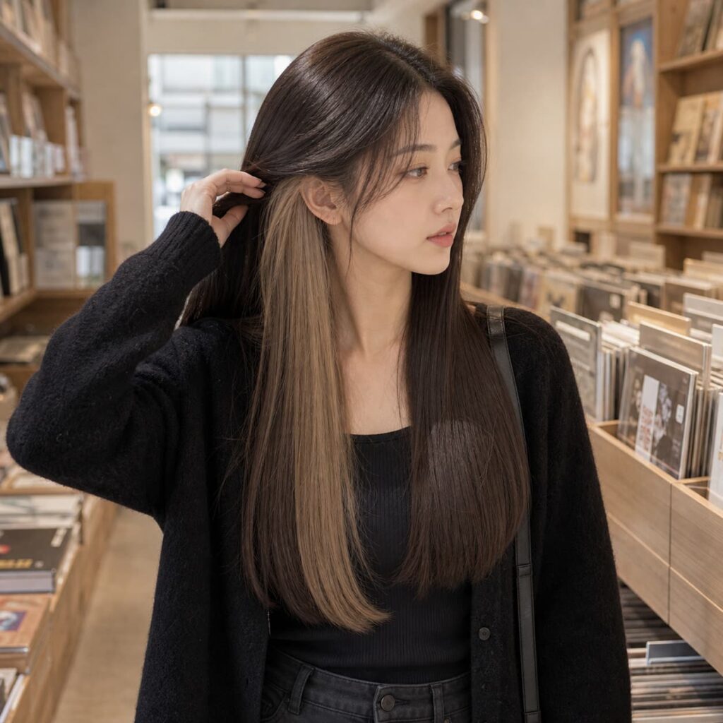 W14女生低層次長直髮 染髮變化 09 米色內層染