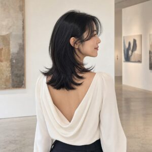 W08女生羽毛剪中長髮 日常場景 05 極簡展間