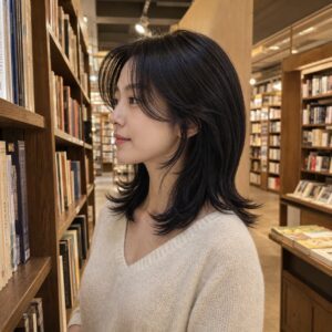 W08女生羽毛剪中長髮 日常場景 07 書店