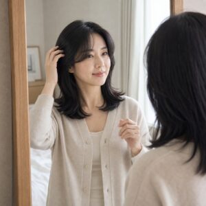 W08女生羽毛剪中長髮 日常場景 08 居家玄關