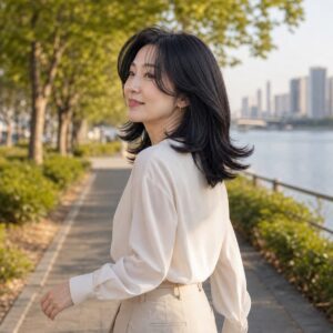 W08女生羽毛剪中長髮 日常場景 10 河岸步道
