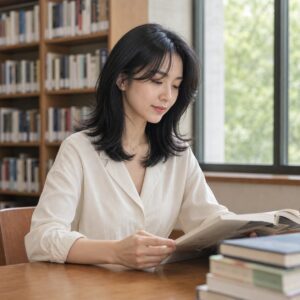 W08女生羽毛剪中長髮 日常場景 12 圖書館