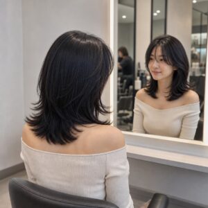W08女生羽毛剪中長髮 日常場景 13 沙龍鏡前