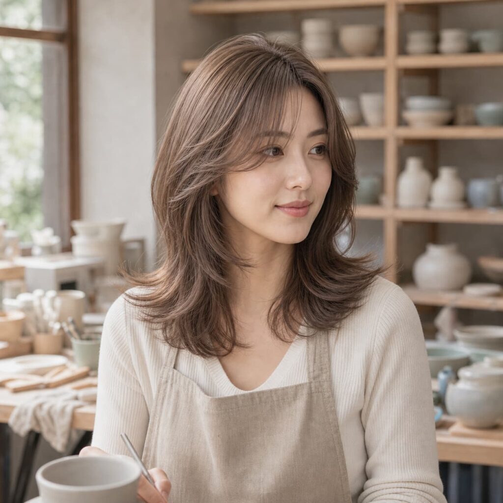 W08女生羽毛剪中長髮 染髮變化 04 奶茶棕