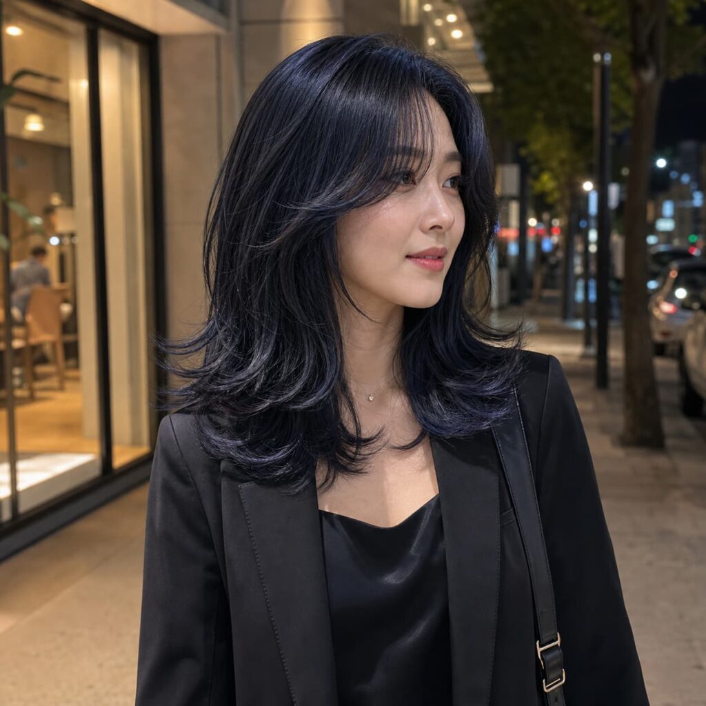 W08女生羽毛剪中長髮 染髮變化 07 藍黑色