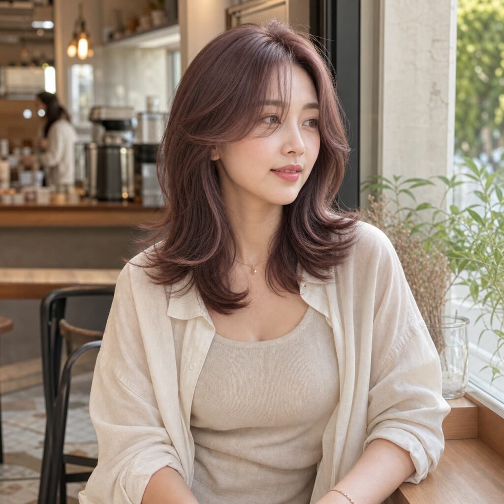 W08女生羽毛剪中長髮 染髮變化 08 玫瑰棕