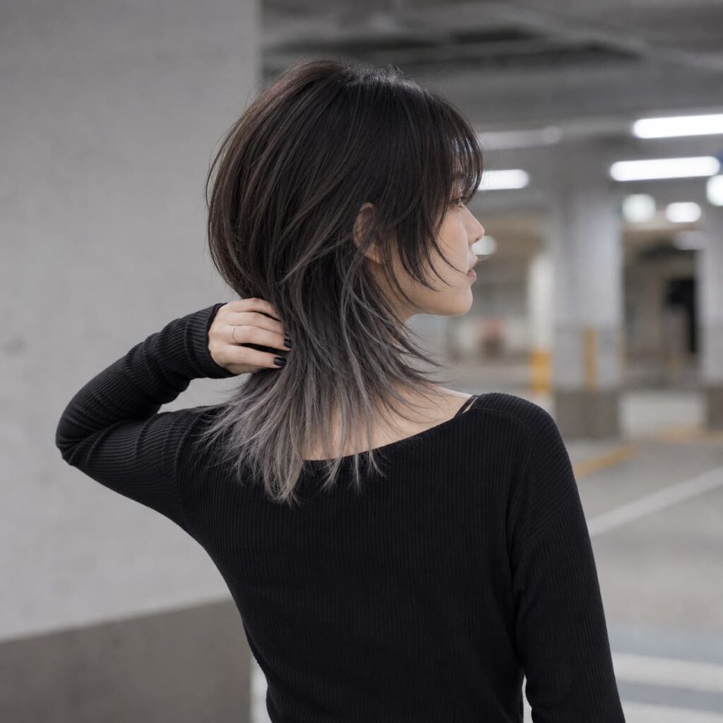 W10女生狼尾中短髮 染髮變化 25 黑茶銀灰髮尾漸層