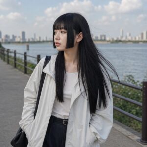 W17女生公主切長髮 日常場景 07 河岸步道側風