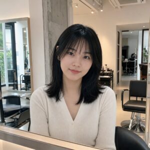 W20女生法式瀏海中長髮 日常場景 01 沙龍鏡前正面