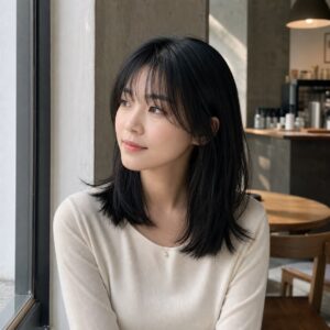 W20女生法式瀏海中長髮 日常場景 02 咖啡窗邊半身