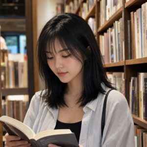 W20女生法式瀏海中長髮 日常場景 03 書店低頭側前