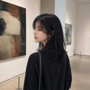 W20女生法式瀏海中長髮 日常場景 06 美術館背側