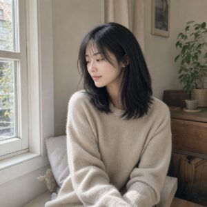 W20女生法式瀏海中長髮 日常場景 08 居家窗邊坐姿