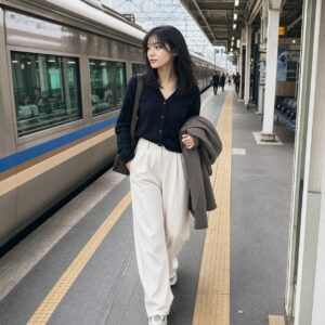 W20女生法式瀏海中長髮 日常場景 09 月台通勤全身