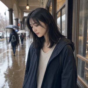 W20女生法式瀏海中長髮 日常場景 12 雨天騎樓側前