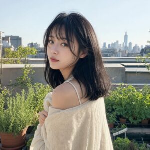 W20女生法式瀏海中長髮 日常場景 16 屋頂晨光側背
