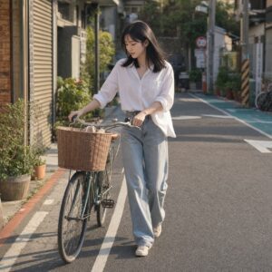 W20女生法式瀏海中長髮 日常場景 17 單車巷口全身