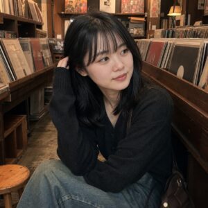 W20女生法式瀏海中長髮 日常場景 18 唱片店耳掛坐姿