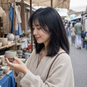W20女生法式瀏海中長髮 日常場景 19 手作市集側面
