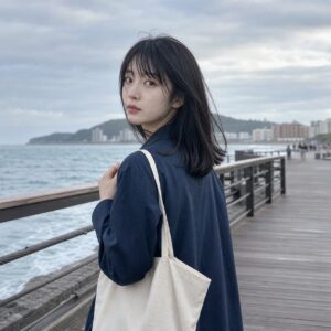 W20女生法式瀏海中長髮 日常場景 20 海邊木棧道回頭