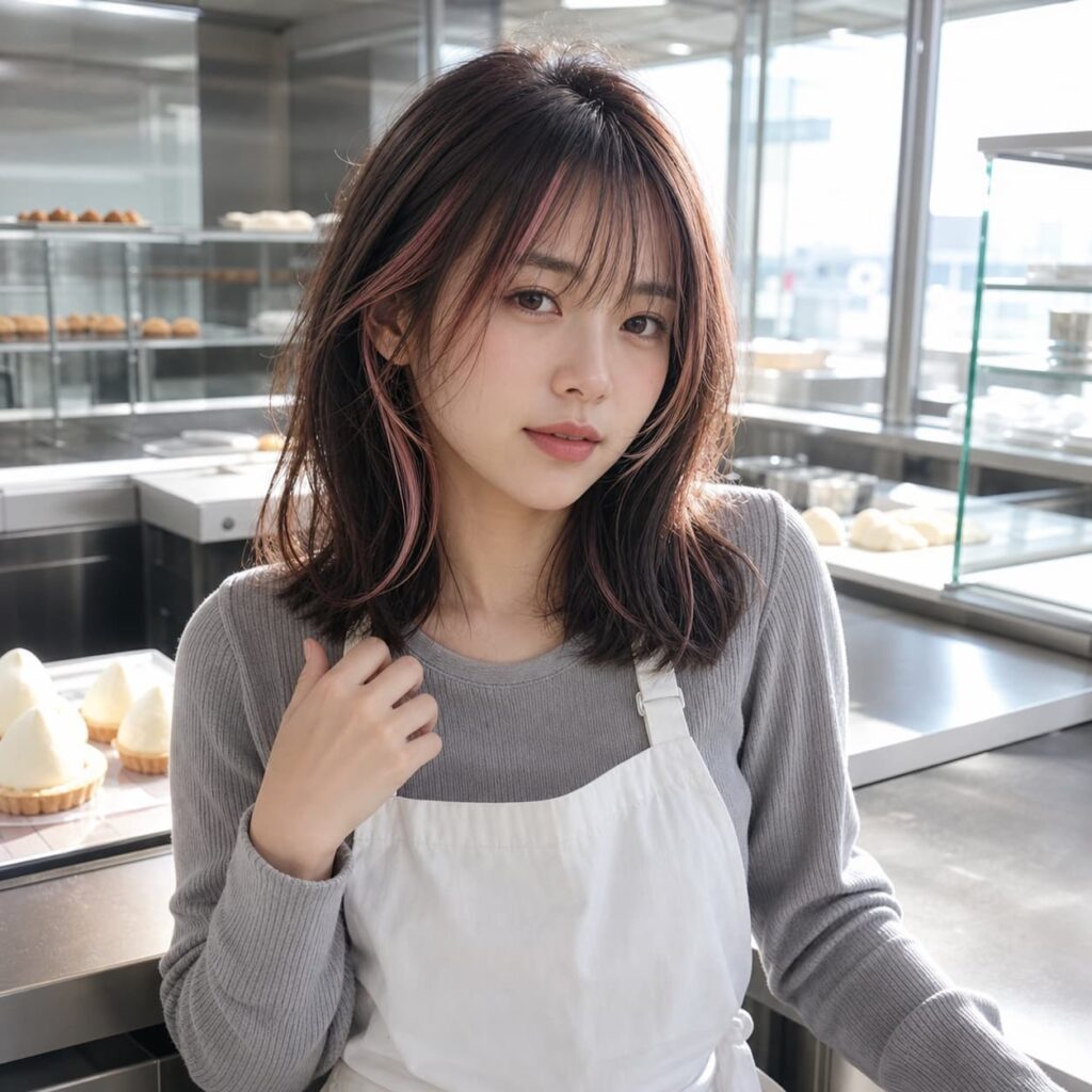 W20女生法式瀏海中長髮 染髮變化 17 粉杏臉周挑染