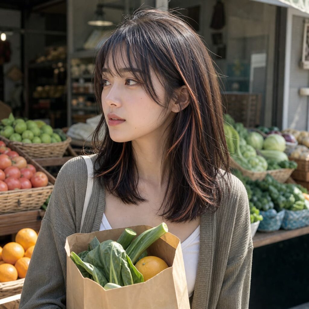 W20女生法式瀏海中長髮 染髮變化 22 杏桃銅橘挑染