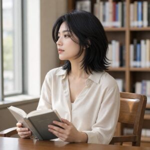 W07女生中短高層次髮型 日常場景 12 圖書館