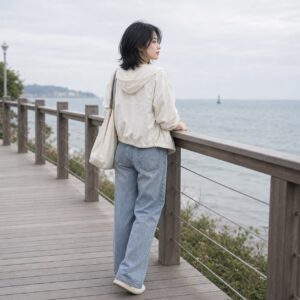 W07女生中短高層次髮型 日常場景 23 海邊木棧道背側