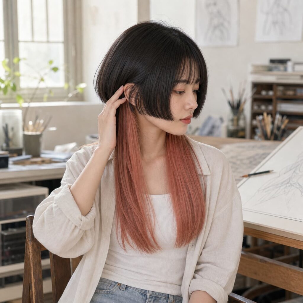 W18女生水母頭髮型 染髮變化 17 蜜桃粉橘下層染