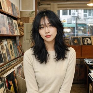 W12女生 Shag 中長髮 日常場景 01 復古唱片店正面