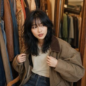 W12女生 Shag 中長髮 日常場景 03 古著店試外套