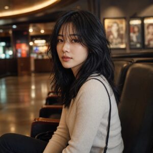 W12女生 Shag 中長髮 日常場景 04 電影院大廳坐姿