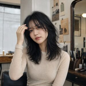 W12女生 Shag 中長髮 日常場景 05 工作室鏡前