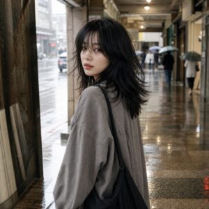 W12女生 Shag 中長髮 日常場景 13 雨天騎樓轉身