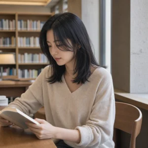 Hush Cut 中長髮，圖書館・坐姿側前