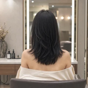 Hush Cut 中長髮，沙龍鏡前・背面露肩