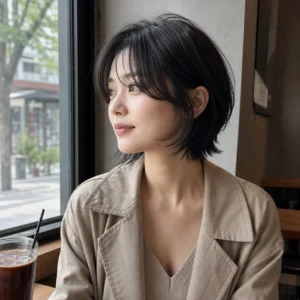 小貓短髮，咖啡窗邊・側前半身