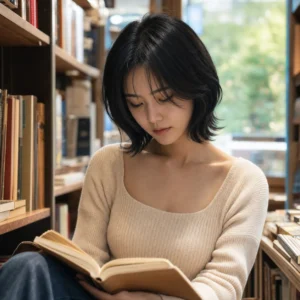 小貓短髮，書店・低頭坐姿
