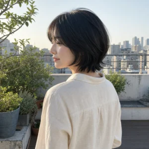 小貓短髮，屋頂晨光・背側半身