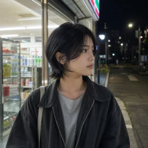 小貓短髮，便利店夜景・夜間側前