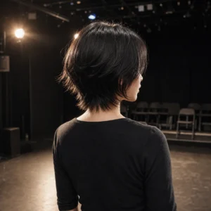 小貓短髮，劇場側光・背面站姿