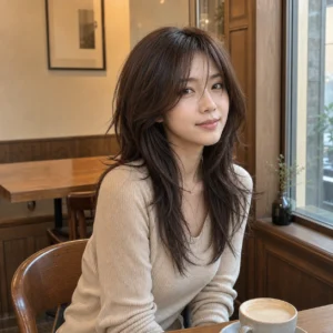狼尾中長髮，巧克力棕