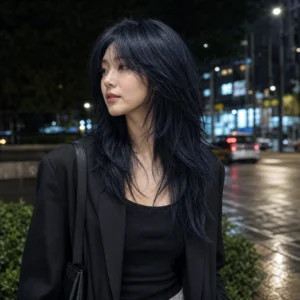 狼尾中長髮，藍黑色