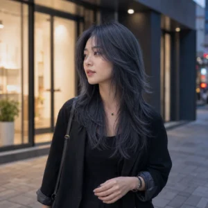 狼尾中長髮，煙燻藍灰