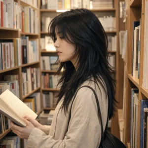 狼尾中長髮，書店・側面 profile